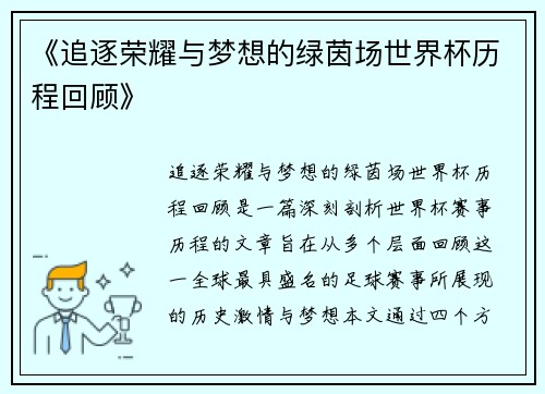 《追逐荣耀与梦想的绿茵场世界杯历程回顾》